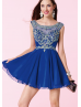 Royal Blue Chiffon Beaded Scoop Neckline V Back Knee Length Prom Dress